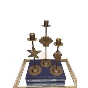 Vintage Brass Shell Candle Sticks, Trio | Beach Wedding Decor